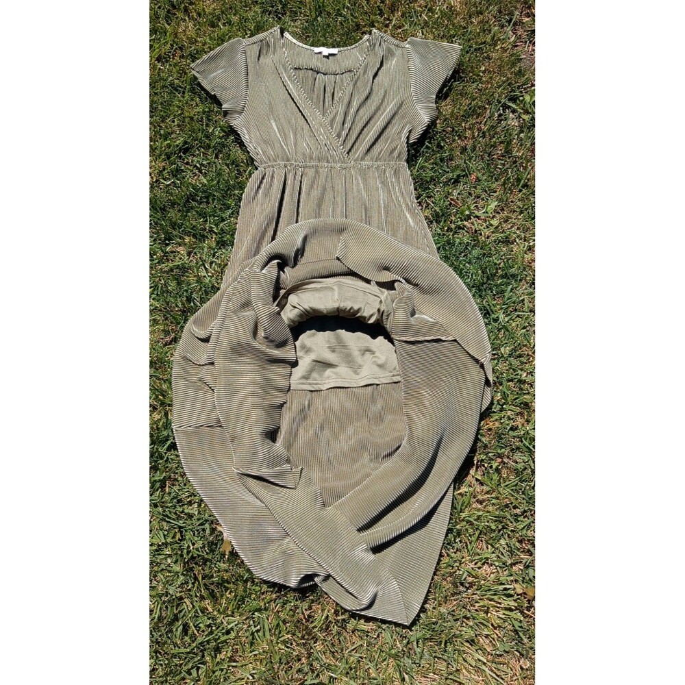 Baltic Born S Olive Green Metallic Pleated Maxi Dress NWOT Flutter Sleeve Empire - Picture 4 of 10